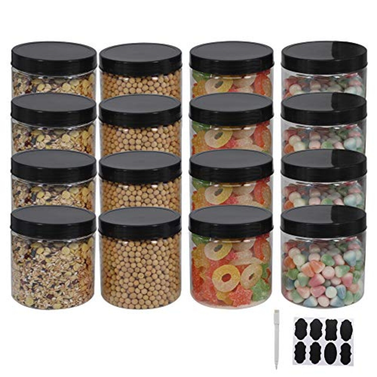 12 Pack 16 oz Plastic Jars With Lids, Extra Labels, 1 Pen, Clear